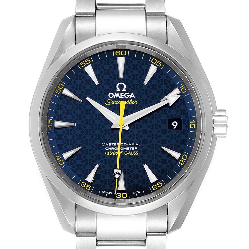 The Omega Aqua Terra 231.10.42.21.03.004 Men's Stainless Steel Blue Dial 231.10.42.21.03.004 Men's Stainless Steel Blue Dial watch is shown from a front angle, displaying its blue dial, stainless steel case, and bracelet.