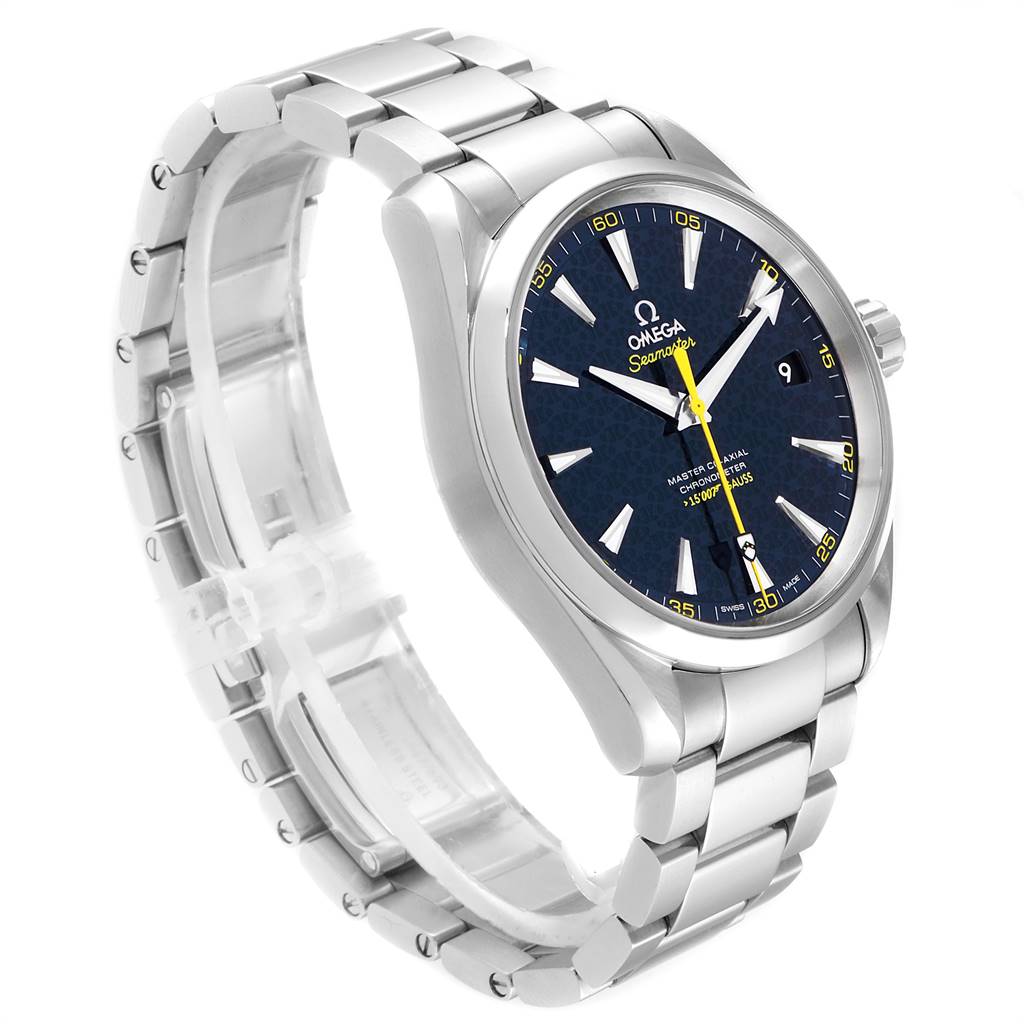 The image shows an Omega Aqua Terra 231.10.42.21.03.004 Men's Stainless Steel Blue Dial 231.10.42.21.03.004 Men's Stainless Steel Blue Dial watch at a three-quarter angle, highlighting the face, bezel, and metallic bracelet.