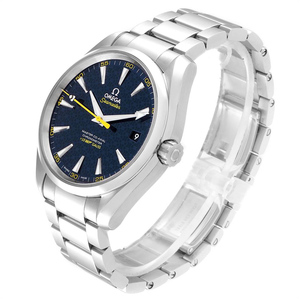 This Omega Aqua Terra 231.10.42.21.03.004 Men's Stainless Steel Blue Dial 231.10.42.21.03.004 Men's Stainless Steel Blue Dial watch is shown at a slight angle displaying the face, crown, and metal bracelet.