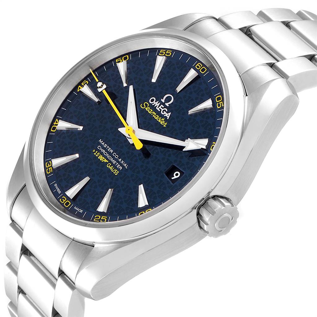 The image shows an angled view of the Omega Aqua Terra 231.10.42.21.03.004 Men's Stainless Steel Blue Dial 231.10.42.21.03.004 Men's Stainless Steel Blue Dial watch, highlighting the face, bezel, crown, and part of the metal bracelet.