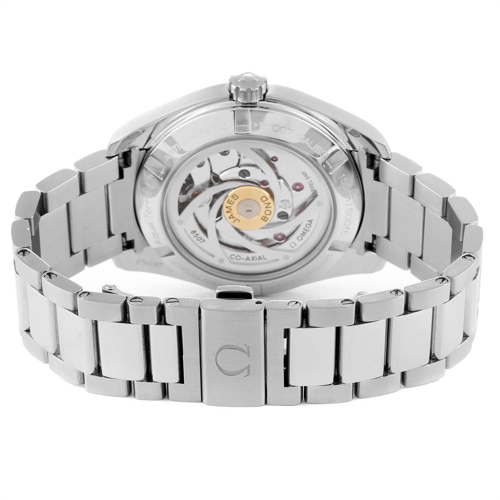 This image shows the back angle of the Omega Aqua Terra 231.10.42.21.03.004 Men's Stainless Steel Blue Dial 231.10.42.21.03.004 Men's Stainless Steel Blue Dial watch, displaying its movement and metal bracelet.