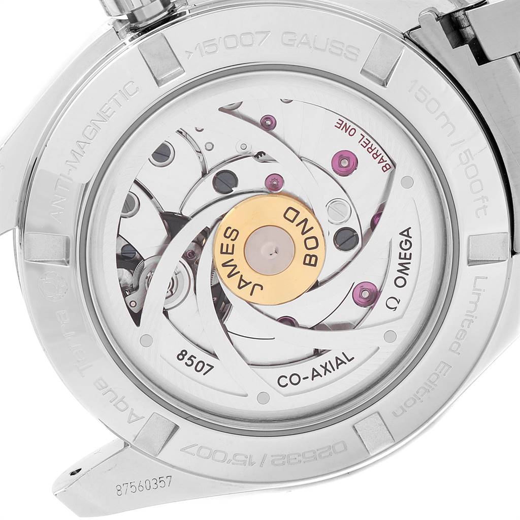 This image shows the back view of an Omega Aqua Terra 231.10.42.21.03.004 Men's Stainless Steel Blue Dial 231.10.42.21.03.004 Men's Stainless Steel Blue Dial watch, highlighting its intricate movement and the "James Bond" engraving.