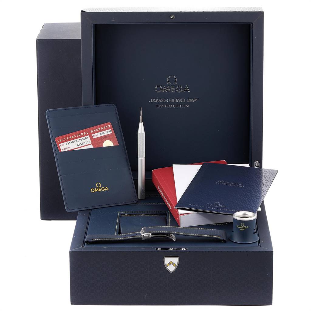 The image shows a boxed Omega Aqua Terra 231.10.42.21.03.004 Men's Stainless Steel Blue Dial 231.10.42.21.03.004 Men's Stainless Steel Blue Dial watch with accessories including manuals, a warranty card, and a watch tool.