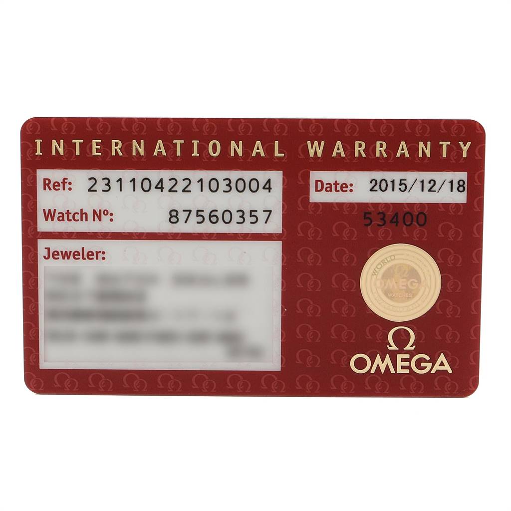 The image shows the International Warranty card for the Omega Aqua Terra 231.10.42.21.03.004 Men's Stainless Steel Blue Dial 231.10.42.21.03.004 Men's Stainless Steel Blue Dial model.