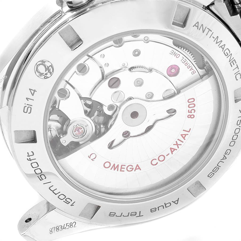 The image shows the back view of the Omega Aqua Terra 231.10.42.21.01.006 Men
s Stainless Steel Black Dial 231.10.42.21.01.006 Men
s Stainless Steel Black Dial watch, highlighting the movement and internal mechanisms.