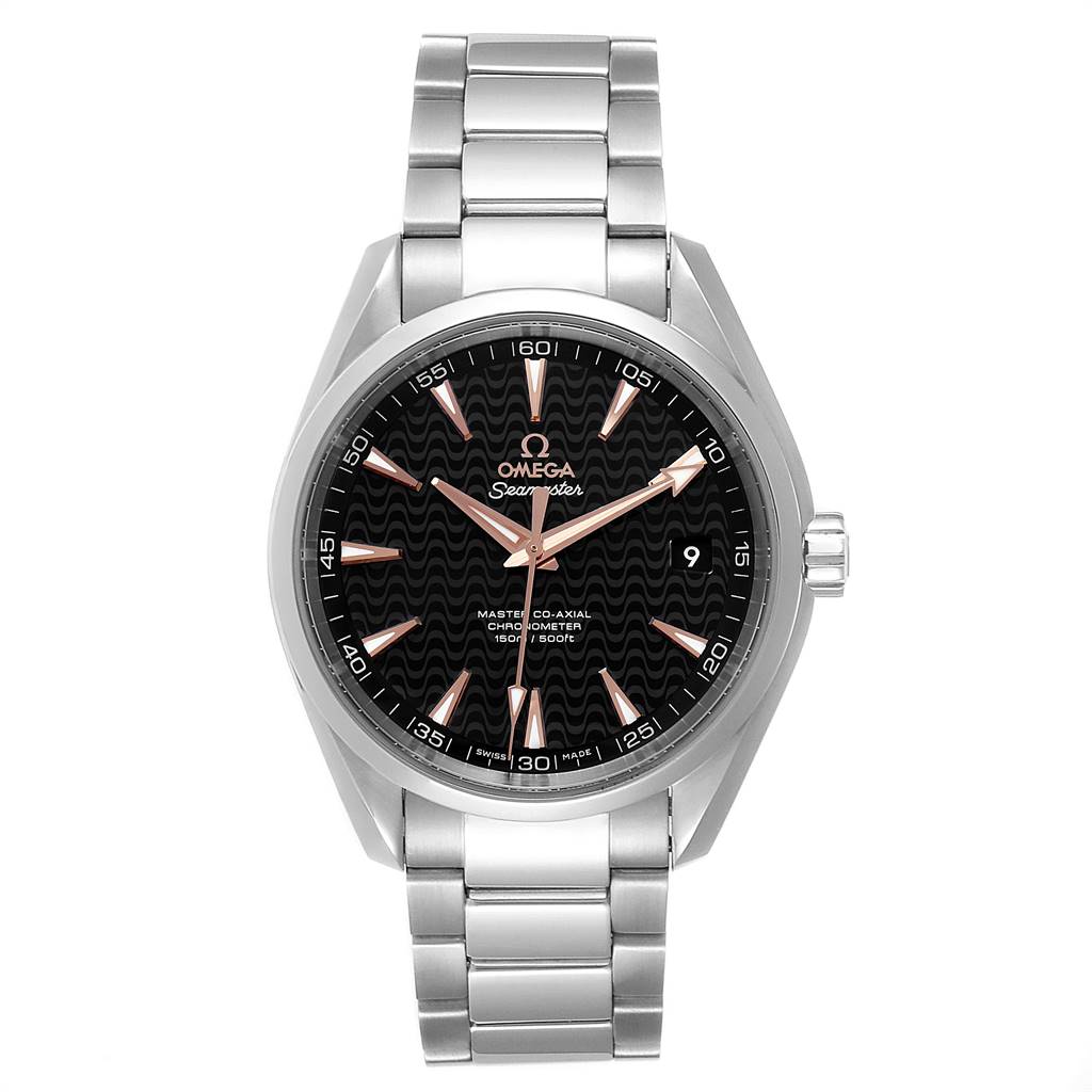 The image shows an Omega Aqua Terra 231.10.42.21.01.006 Men
s Stainless Steel Black Dial 231.10.42.21.01.006 Men
s Stainless Steel Black Dial watch, front angle, highlighting its face, dial, and stainless steel bracelet.