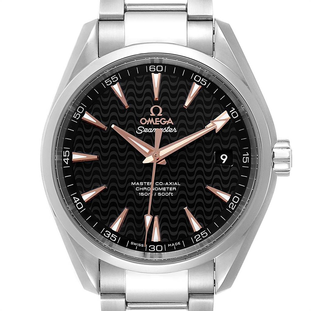 The image shows a frontal view of the Omega Aqua Terra 231.10.42.21.01.006 Men
s Stainless Steel Black Dial 231.10.42.21.01.006 Men
s Stainless Steel Black Dial Seamaster watch, highlighting its face, hands, and part of the bracelet.