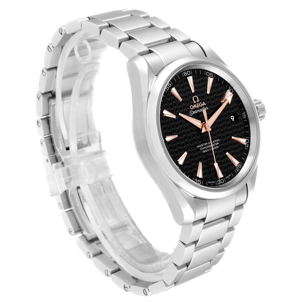 The image shows an Omega Aqua Terra 231.10.42.21.01.006 Men
s Stainless Steel Black Dial 231.10.42.21.01.006 Men
s Stainless Steel Black Dial watch at a three-quarter angle, highlighting its face, bezel, crown, and bracelet.