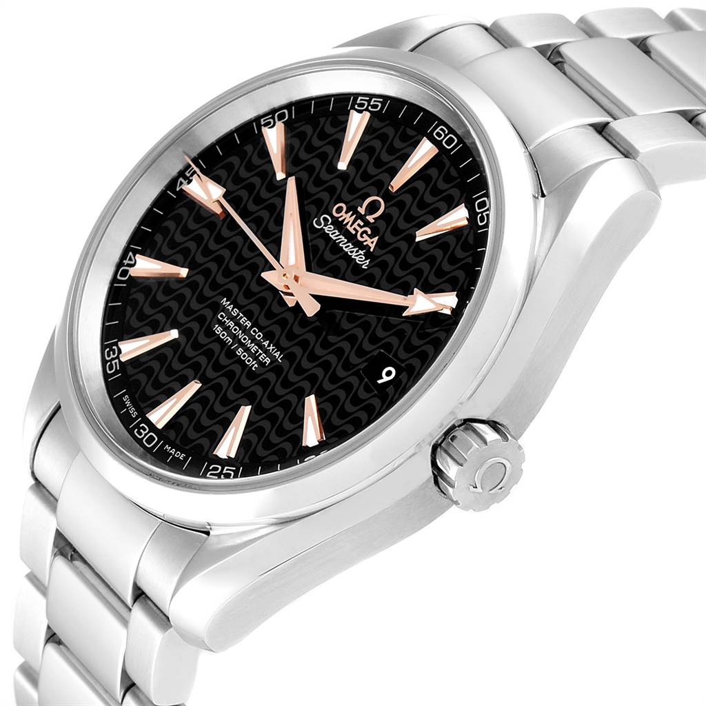 The Omega Aqua Terra 231.10.42.21.01.006 Men
s Stainless Steel Black Dial 231.10.42.21.01.006 Men
s Stainless Steel Black Dial watch is shown at a three-quarter angle, highlighting the black wave-patterned dial, rose gold markers, and stainless steel bracelet.