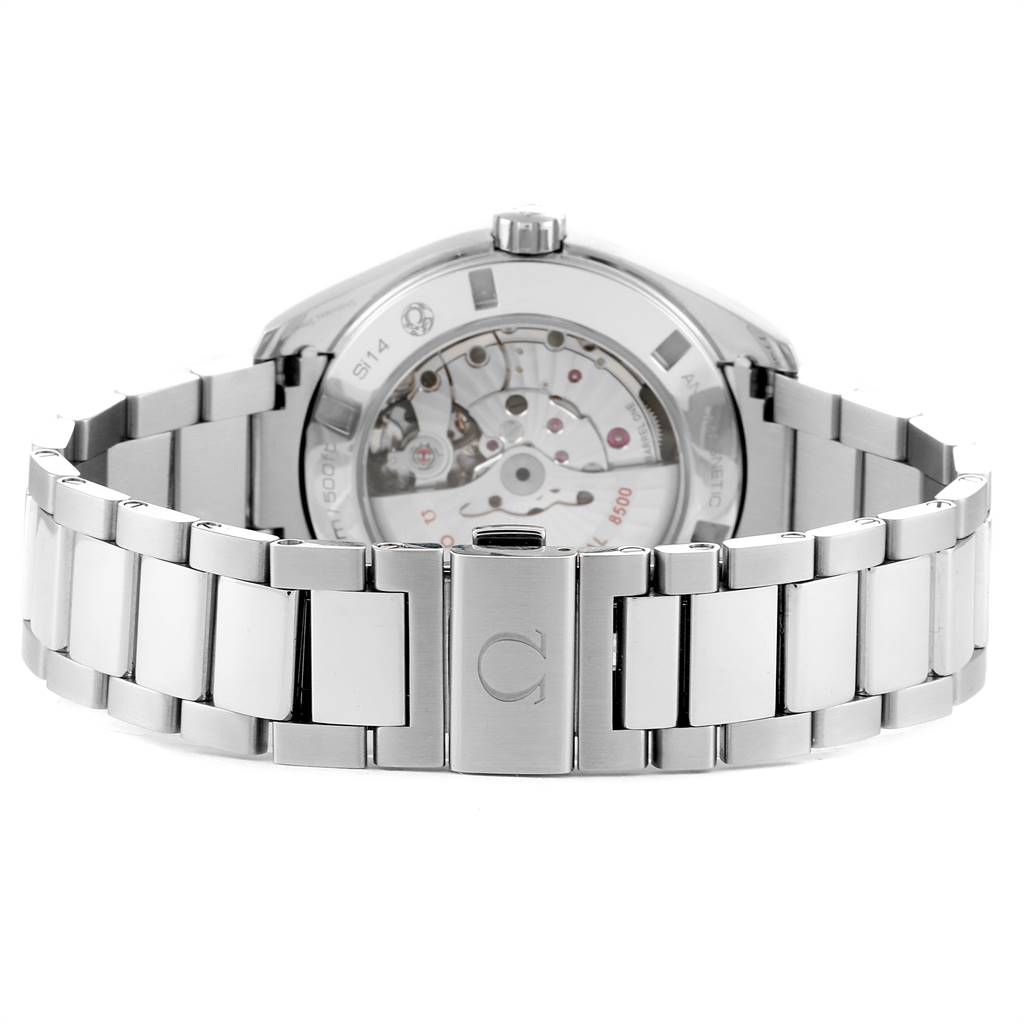 The Omega Aqua Terra 231.10.42.21.01.006 Men
s Stainless Steel Black Dial 231.10.42.21.01.006 Men
s Stainless Steel Black Dial watch is shown from the back, highlighting the stainless steel bracelet and the exposed movement.