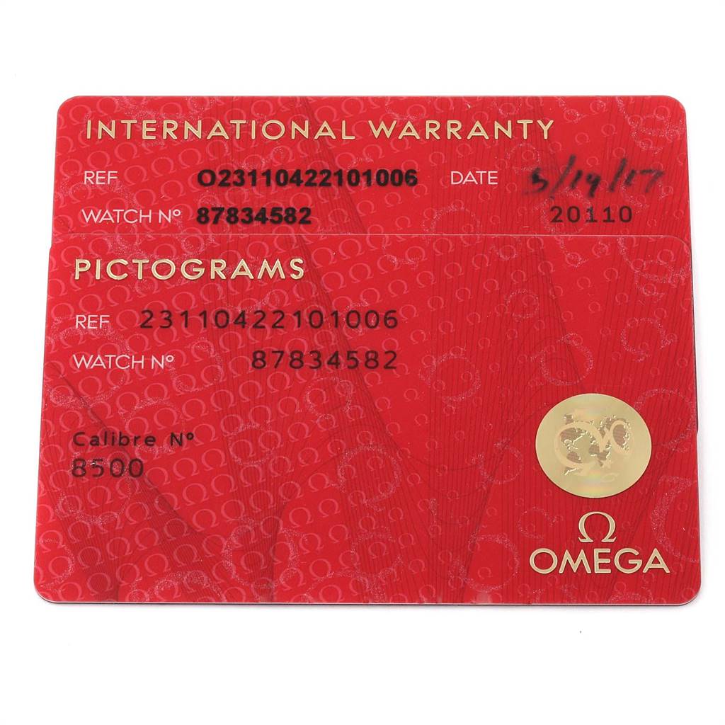 This image shows the international warranty and pictograms cards for the Omega Aqua Terra 231.10.42.21.01.006 Men
s Stainless Steel Black Dial 231.10.42.21.01.006 Men
s Stainless Steel Black Dial watch model.