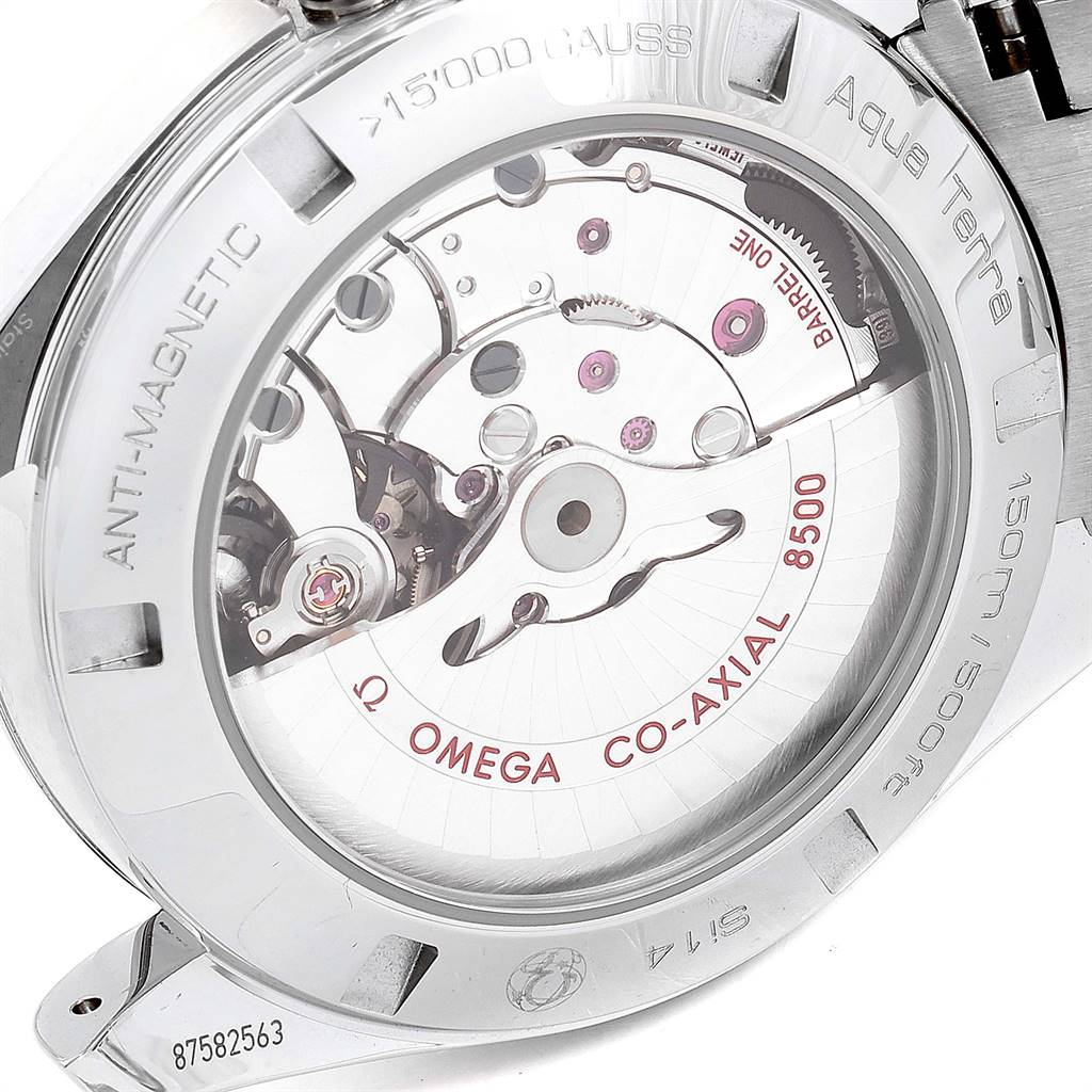 The image shows the Omega Aqua Terra 231.10.42.21.02.004 Men
s Stainless Steel Silver Dial 231.10.42.21.02.004 Men
s Stainless Steel Silver Dial watch
s case back, revealing its Co-Axial 8500 movement.
