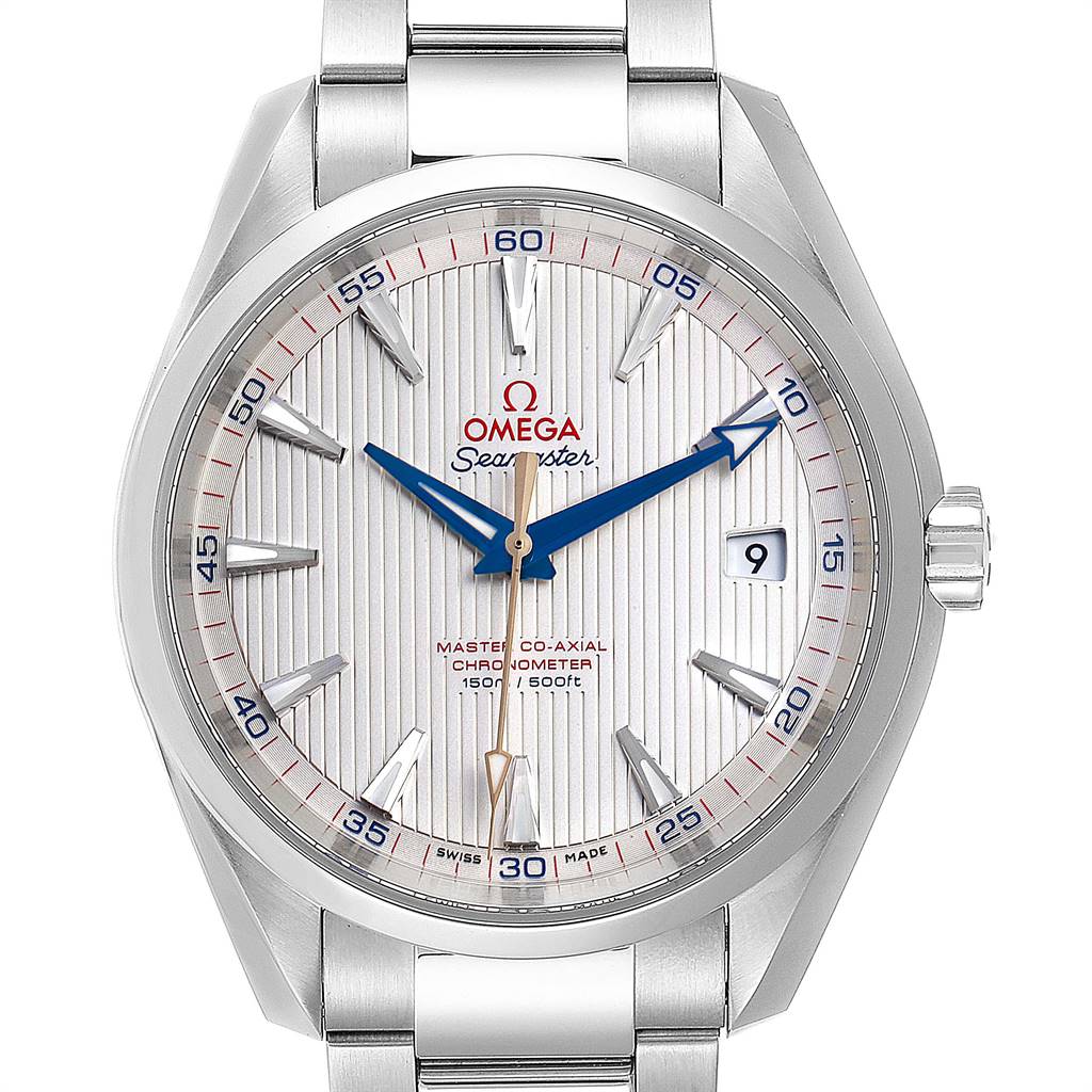 The image shows a front view of the Omega Aqua Terra 231.10.42.21.02.004 Men
s Stainless Steel Silver Dial 231.10.42.21.02.004 Men
s Stainless Steel Silver Dial watch, highlighting the dial, hands, hour markers, and part of the bracelet.