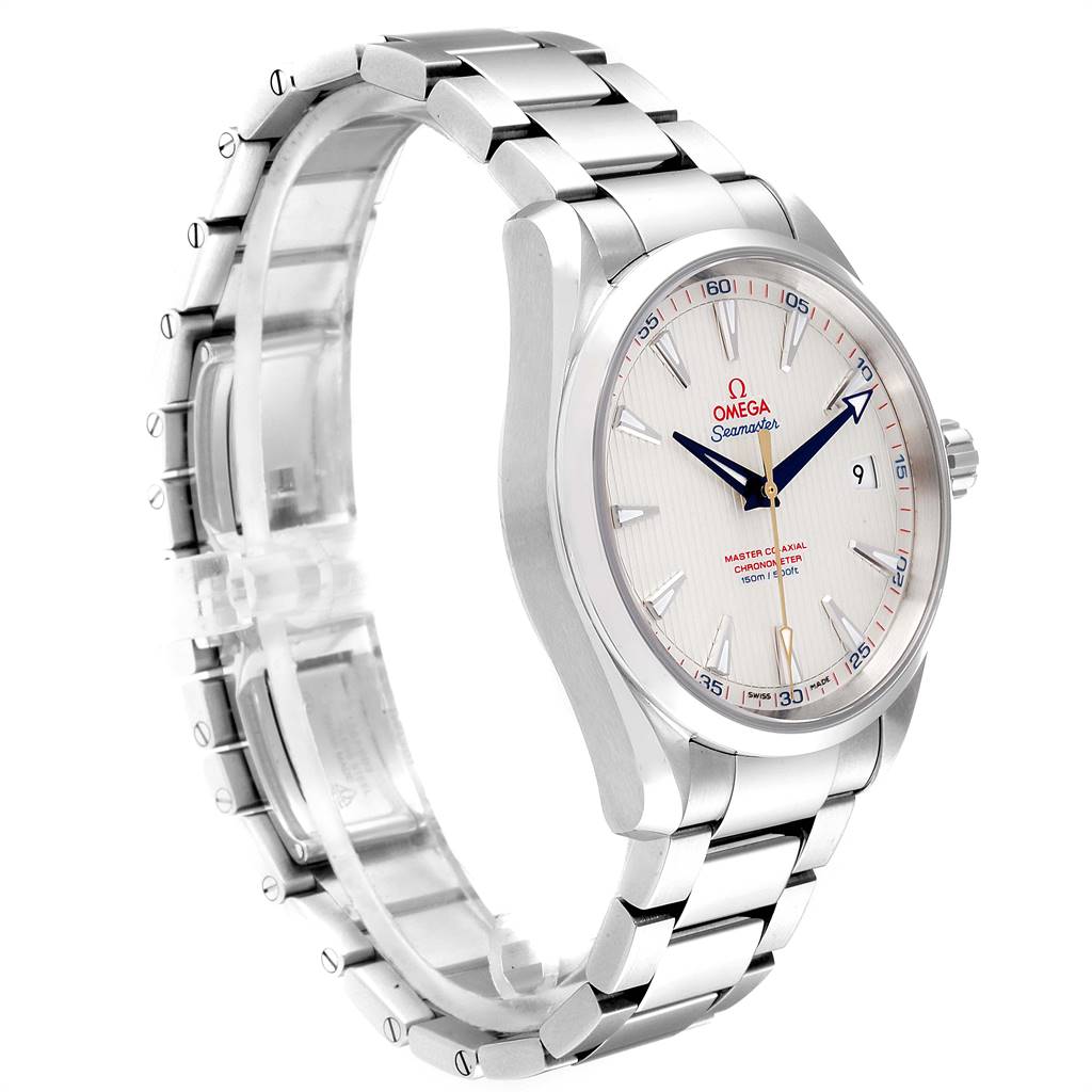 The image shows a side profile and angled top view of the Omega Aqua Terra 231.10.42.21.02.004 Men
s Stainless Steel Silver Dial 231.10.42.21.02.004 Men
s Stainless Steel Silver Dial watch, highlighting its face, bezel, and bracelet.