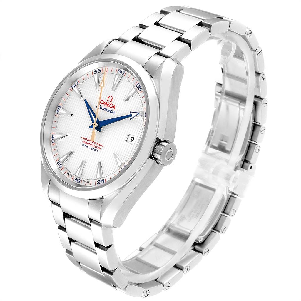 The Omega Aqua Terra 231.10.42.21.02.004 Men
s Stainless Steel Silver Dial 231.10.42.21.02.004 Men
s Stainless Steel Silver Dial watch is shown at a three-quarter angle, displaying the dial, bracelet, crown, and part of the clasp.