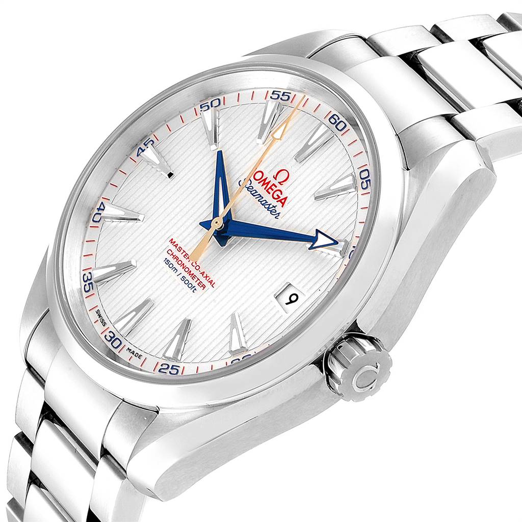 The image shows a side angle of the Omega Aqua Terra 231.10.42.21.02.004 Men
s Stainless Steel Silver Dial 231.10.42.21.02.004 Men
s Stainless Steel Silver Dial watch, highlighting the dial, crown, and part of the bracelet.