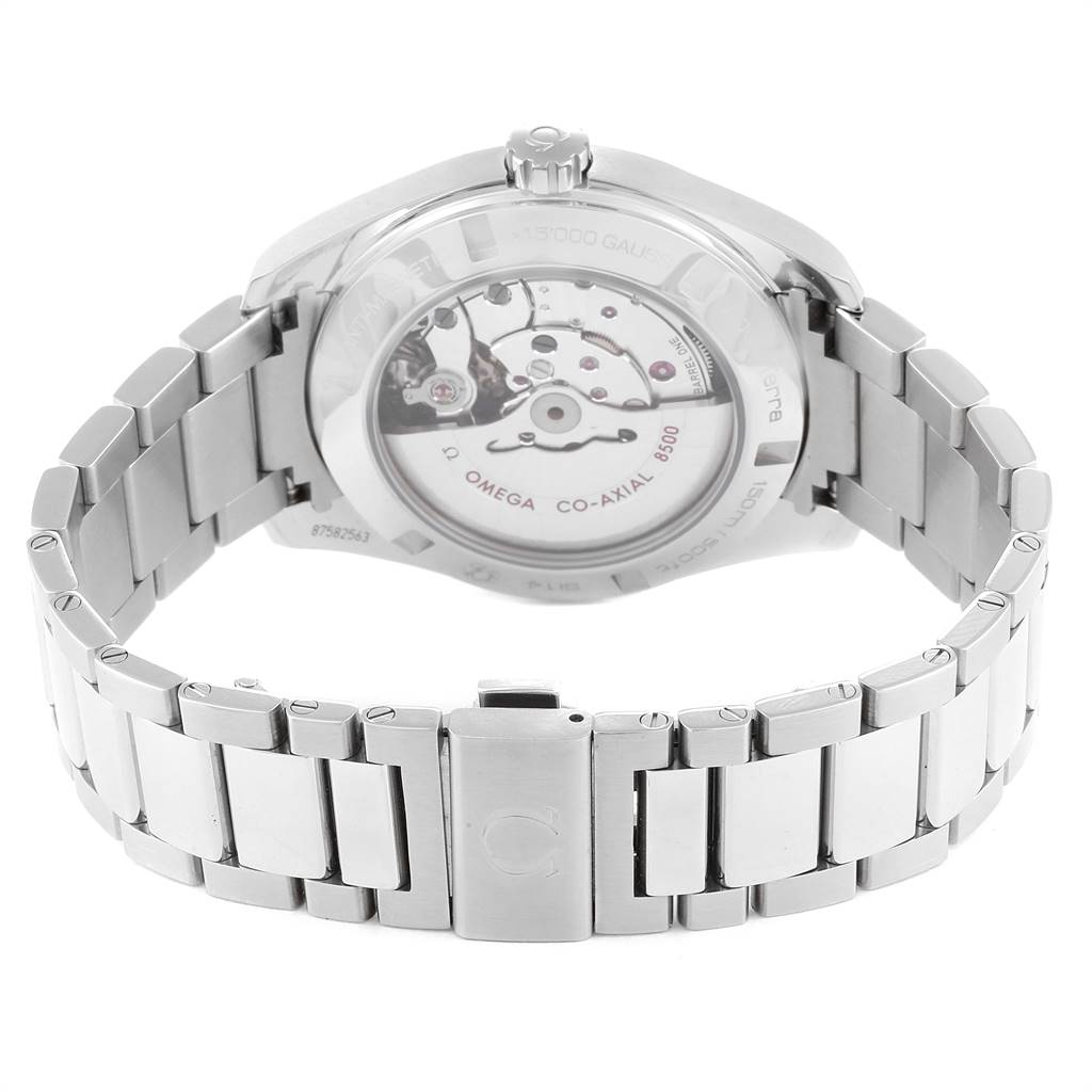 The image shows the back of the Omega Aqua Terra 231.10.42.21.02.004 Men
s Stainless Steel Silver Dial 231.10.42.21.02.004 Men
s Stainless Steel Silver Dial watch, highlighting the movement and the metal bracelet.