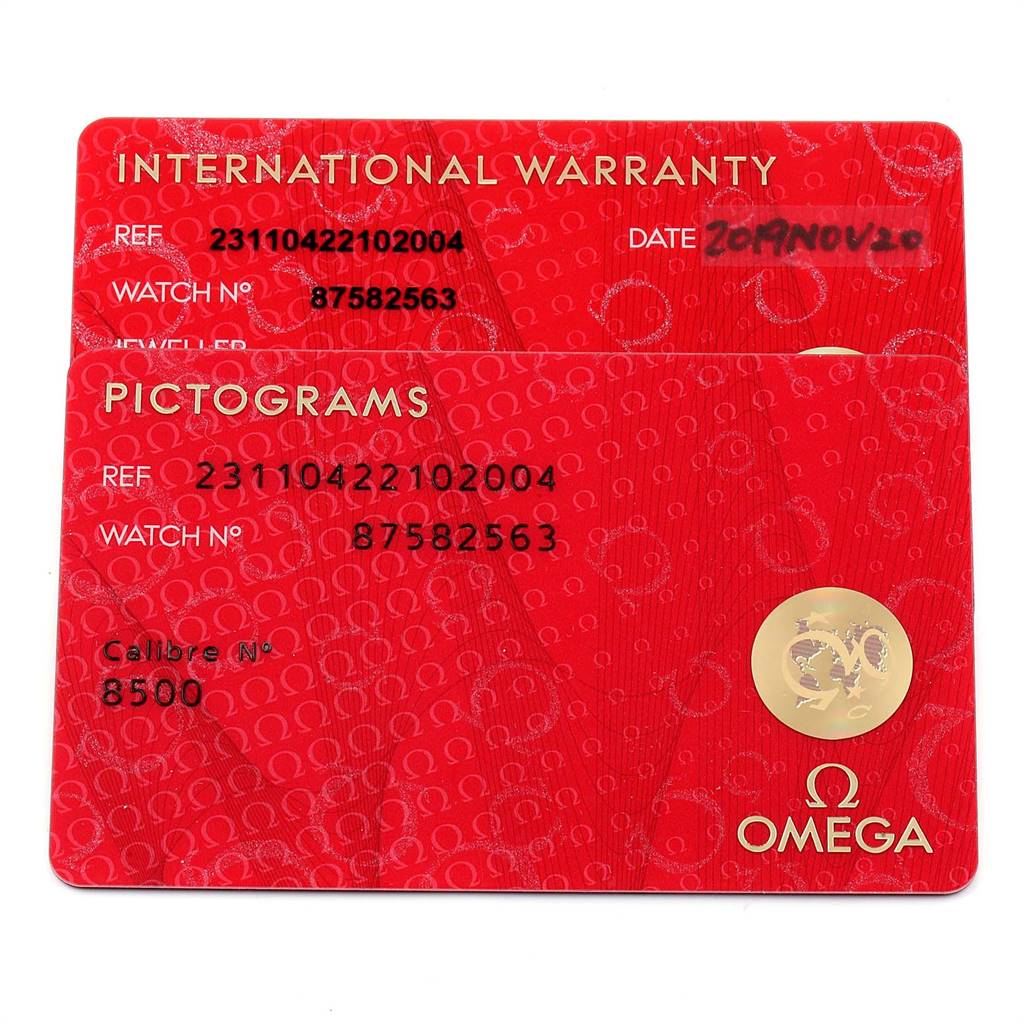 The image shows international warranty and pictograms cards for the Omega Aqua Terra 231.10.42.21.02.004 Men
s Stainless Steel Silver Dial 231.10.42.21.02.004 Men
s Stainless Steel Silver Dial model, displaying reference and watch numbers.