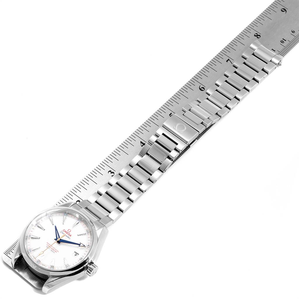 The image shows an Omega Aqua Terra 231.10.42.21.02.004 Men
s Stainless Steel Silver Dial 231.10.42.21.02.004 Men
s Stainless Steel Silver Dial watch and bracelet band at a diagonal angle along a measuring ruler.