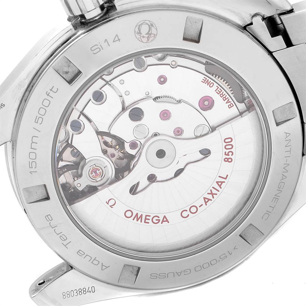 This is the back view of the Omega Aqua Terra 231.10.42.21.02.004 Men
s Stainless Steel Silver Dial 231.10.42.21.02.004 Men
s Stainless Steel Silver Dial watch, showcasing its internal mechanics and "Co-Axial 8500" movement.