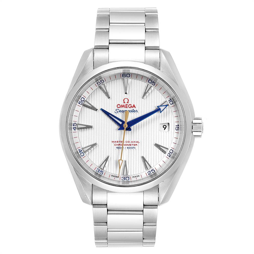 The image shows the front view of an Omega Aqua Terra 231.10.42.21.02.004 Men
s Stainless Steel Silver Dial 231.10.42.21.02.004 Men
s Stainless Steel Silver Dial watch, including the face, hands, and stainless steel strap.