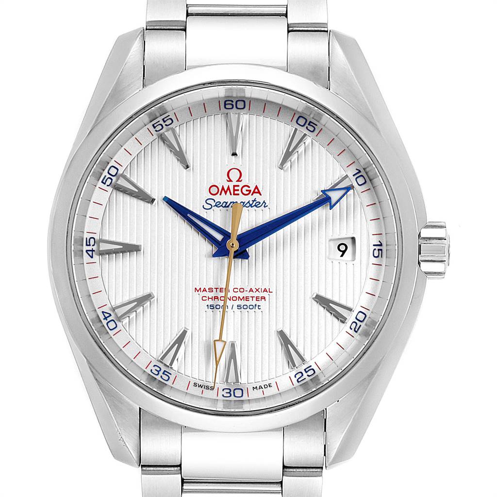 The image shows a front view of the Omega Seamaster Aqua Terra model, displaying its dial, hands, hour markers, date window, and part of the bracelet.