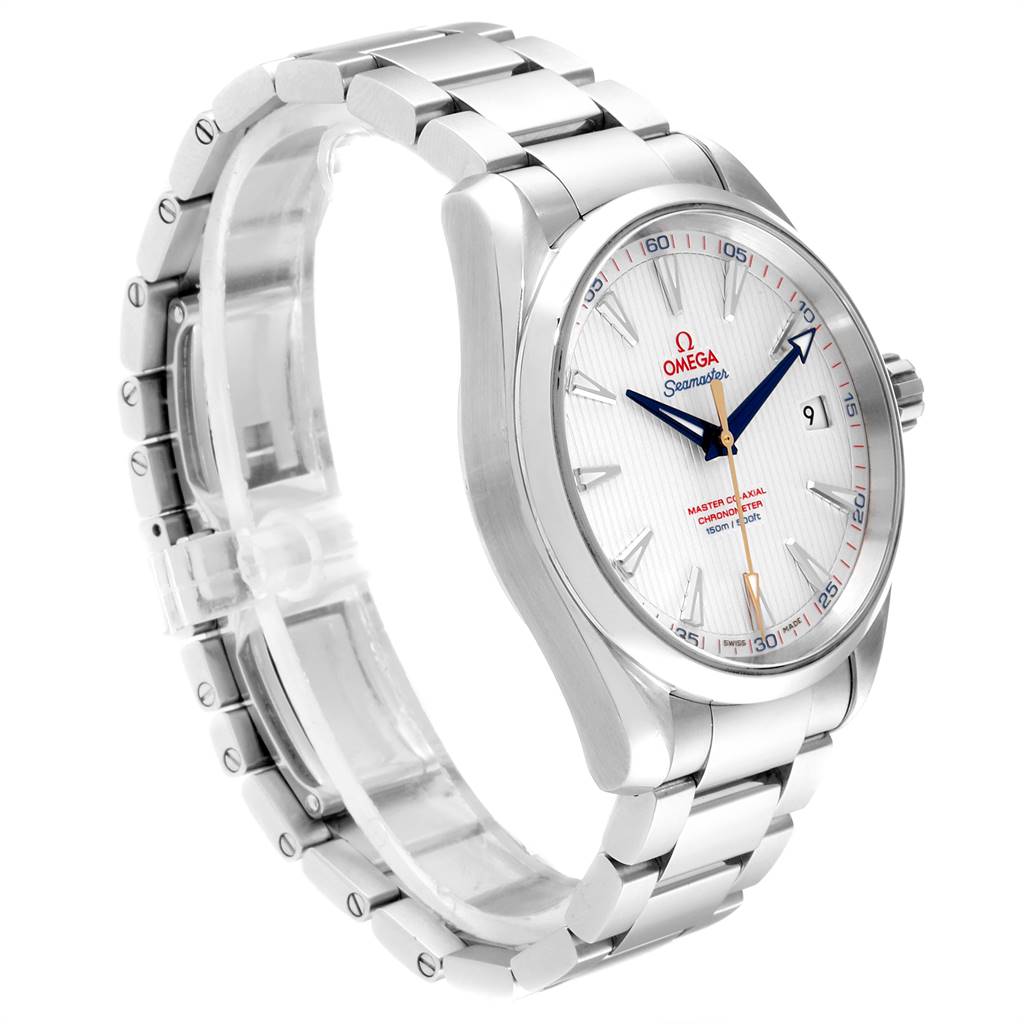 The Omega Aqua Terra 231.10.42.21.02.004 Men
s Stainless Steel Silver Dial 231.10.42.21.02.004 Men
s Stainless Steel Silver Dial watch is shown at an angle highlighting the face, bezel, crown, and stainless-steel bracelet.