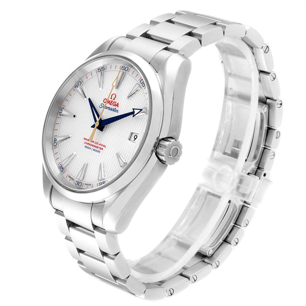 This image shows an Omega Aqua Terra 231.10.42.21.02.004 Men
s Stainless Steel Silver Dial 231.10.42.21.02.004 Men
s Stainless Steel Silver Dial watch at an angled side view, displaying its face, bezel, crown, and bracelet.