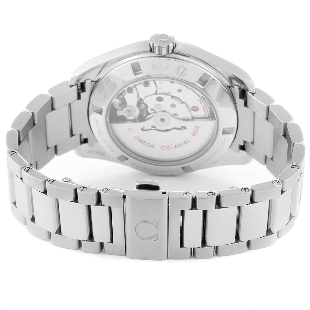 The Omega Aqua Terra 231.10.42.21.02.004 Men
s Stainless Steel Silver Dial 231.10.42.21.02.004 Men
s Stainless Steel Silver Dial watch is shown from a rear angle, highlighting its open case back and metal bracelet.