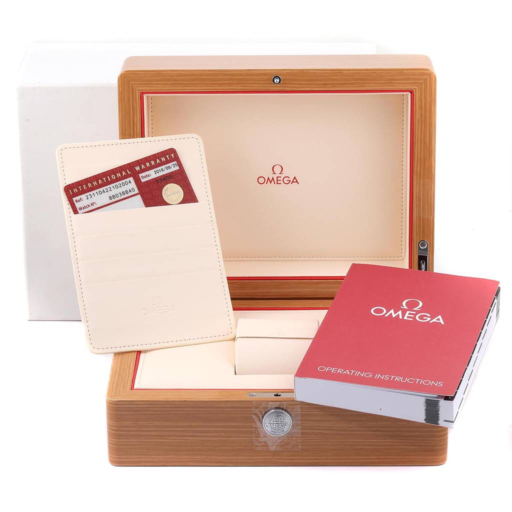 The image shows an Omega Aqua Terra 231.10.42.21.02.004 Men
s Stainless Steel Silver Dial 231.10.42.21.02.004 Men
s Stainless Steel Silver Dial watch box, international warranty card, and operating instructions.