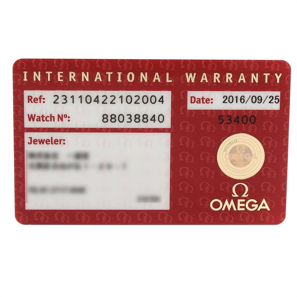 This is the International Warranty card for the Omega Aqua Terra 231.10.42.21.02.004 Men
s Stainless Steel Silver Dial 231.10.42.21.02.004 Men
s Stainless Steel Silver Dial model, showing the reference number, watch number, jeweler, and date.