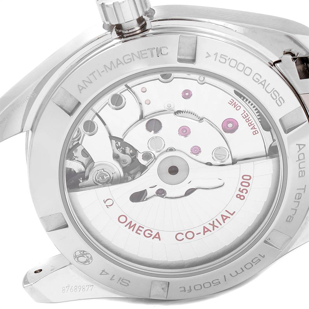The image shows the backside and internal movement of an Omega Aqua Terra 231.10.39.21.03.002 Men
s Stainless Steel Blue Dial 231.10.39.21.03.002 Men
s Stainless Steel Blue Dial watch, highlighting the Co-Axial 8500 caliber.