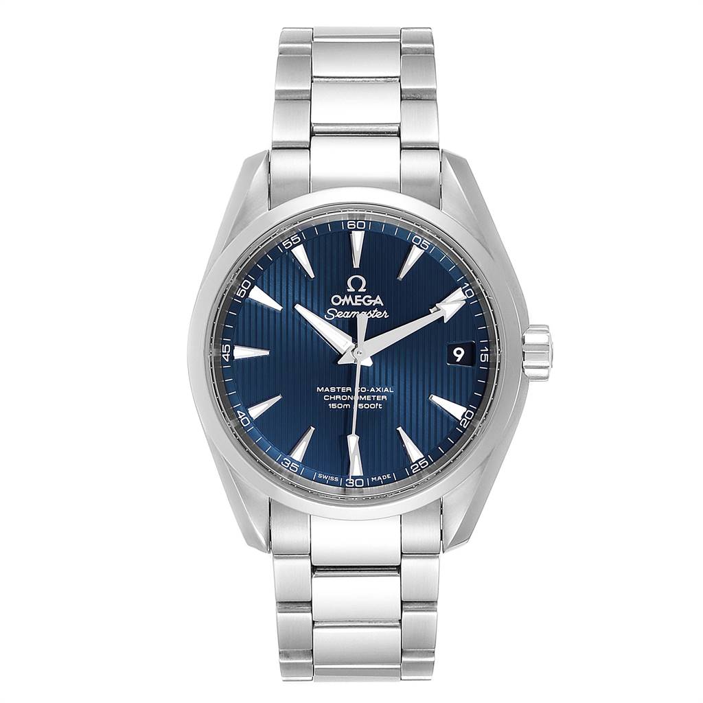 The Omega Aqua Terra 231.10.39.21.03.002 Men
s Stainless Steel Blue Dial 231.10.39.21.03.002 Men
s Stainless Steel Blue Dial watch is shown from a front angle, displaying the dial, case, and bracelet in full view.