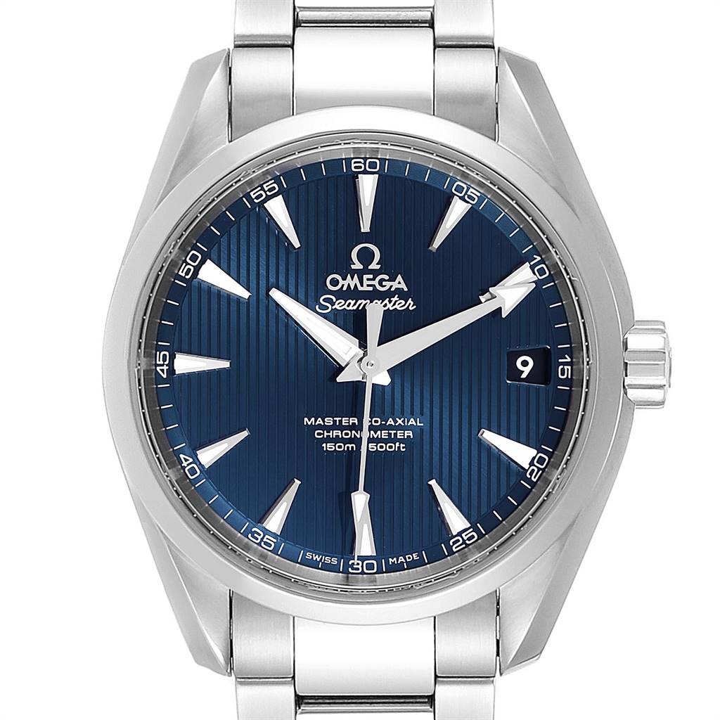 This image shows a front view of the Omega Aqua Terra 231.10.39.21.03.002 Men
s Stainless Steel Blue Dial 231.10.39.21.03.002 Men
s Stainless Steel Blue Dial model, highlighting the dial, hands, bezel, and part of the bracelet.