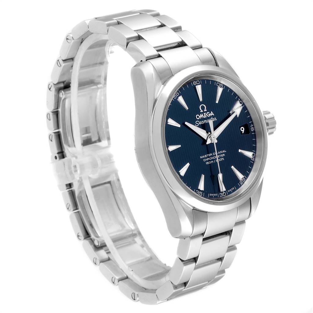 The Omega Aqua Terra 231.10.39.21.03.002 Men
s Stainless Steel Blue Dial 231.10.39.21.03.002 Men
s Stainless Steel Blue Dial watch is shown at a three-quarter angle, displaying its blue dial, stainless steel bracelet, and side profile.