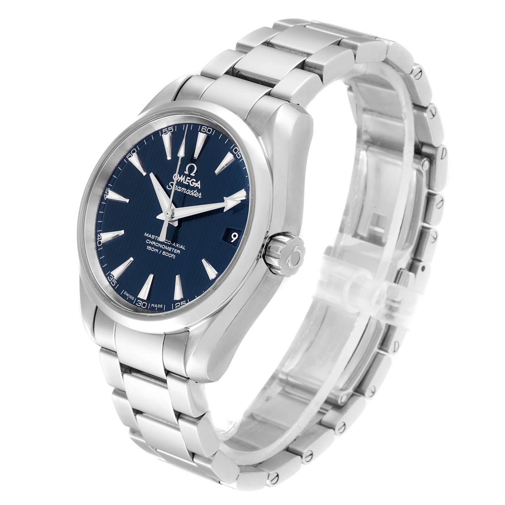 This image shows the Omega Aqua Terra 231.10.39.21.03.002 Men
s Stainless Steel Blue Dial 231.10.39.21.03.002 Men
s Stainless Steel Blue Dial watch from a three-quarter front angle, highlighting the face, crown, and bracelet.