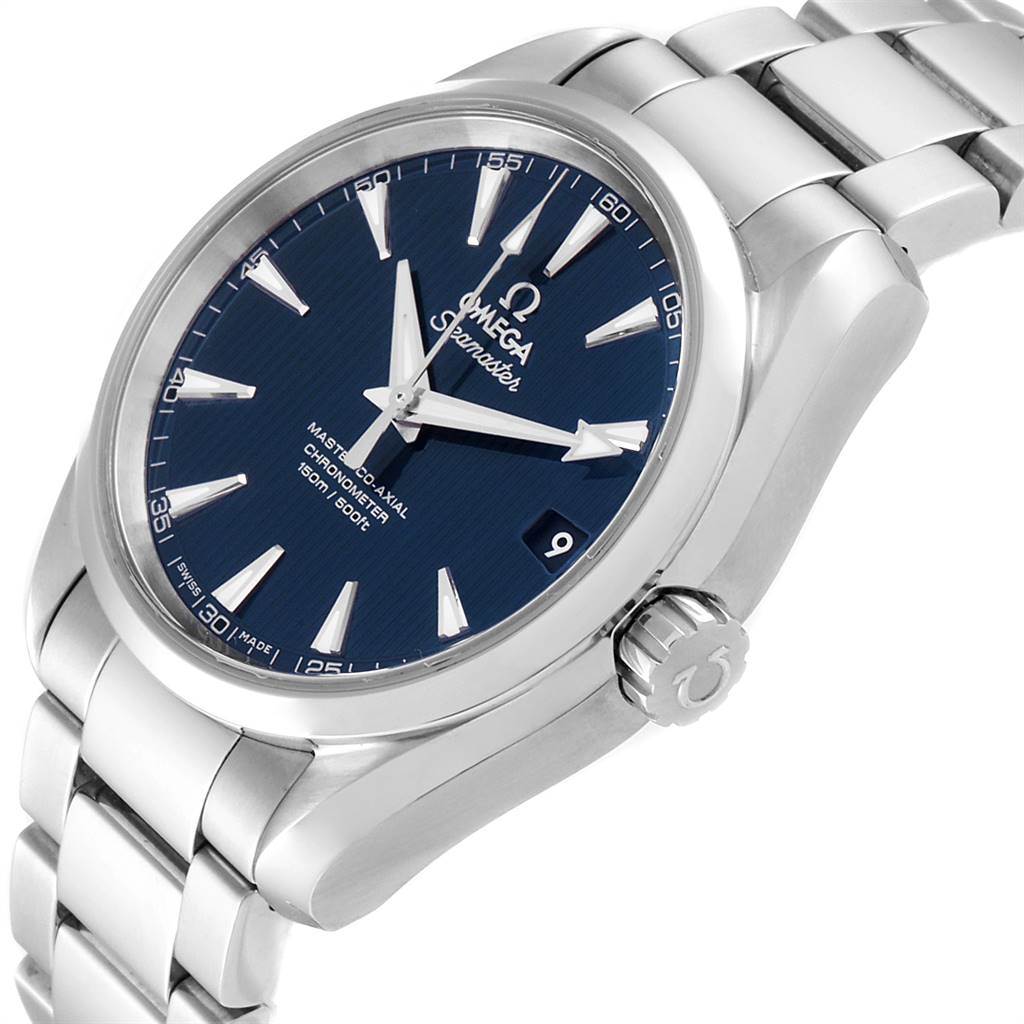 This image shows an Omega Aqua Terra 231.10.39.21.03.002 Men
s Stainless Steel Blue Dial 231.10.39.21.03.002 Men
s Stainless Steel Blue Dial watch at a slight angle, highlighting the blue dial, indices, date window, crown, and metal bracelet.