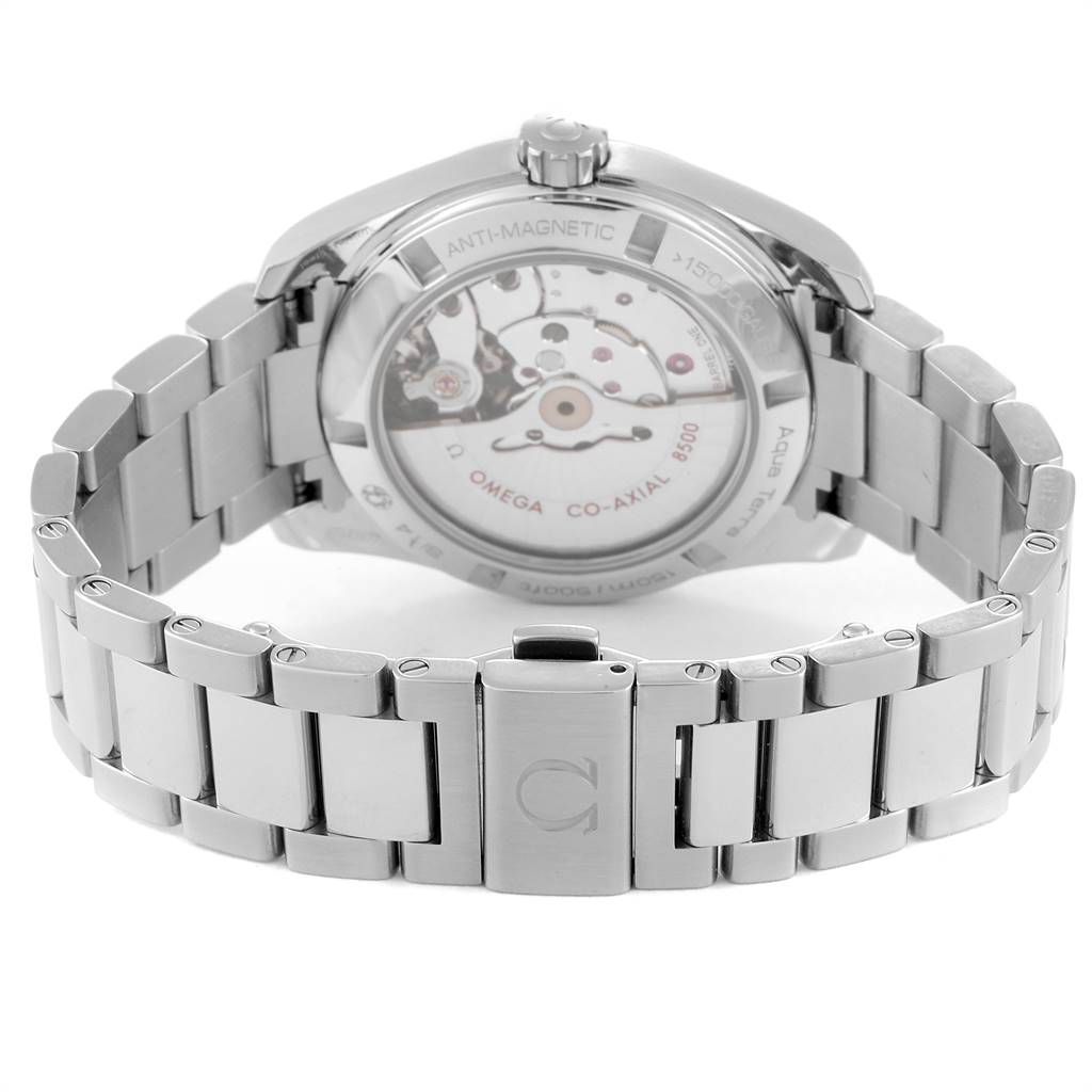 This image shows the back view of the Omega Aqua Terra 231.10.39.21.03.002 Men
s Stainless Steel Blue Dial 231.10.39.21.03.002 Men
s Stainless Steel Blue Dial watch, including the case back and part of the metal bracelet.