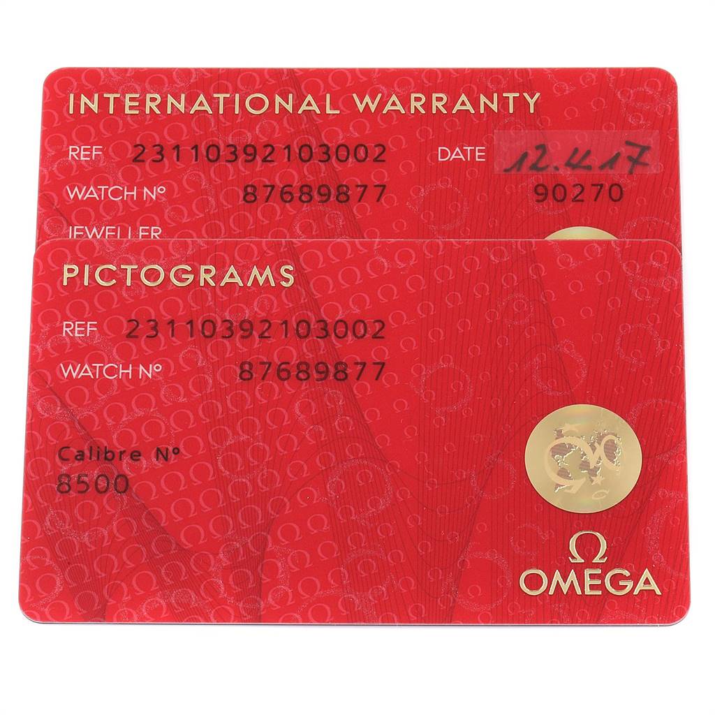 The image shows the international warranty and pictograms cards for the Omega Aqua Terra 231.10.39.21.03.002 Men
s Stainless Steel Blue Dial 231.10.39.21.03.002 Men
s Stainless Steel Blue Dial watch model.