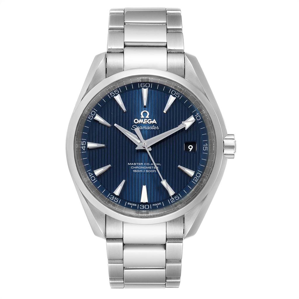 The image shows a front view of the Omega Aqua Terra 231.10.39.21.03.002 Men
s Stainless Steel Blue Dial 231.10.39.21.03.002 Men
s Stainless Steel Blue Dial watch, displaying the dial, hands, date, and stainless steel bracelet.