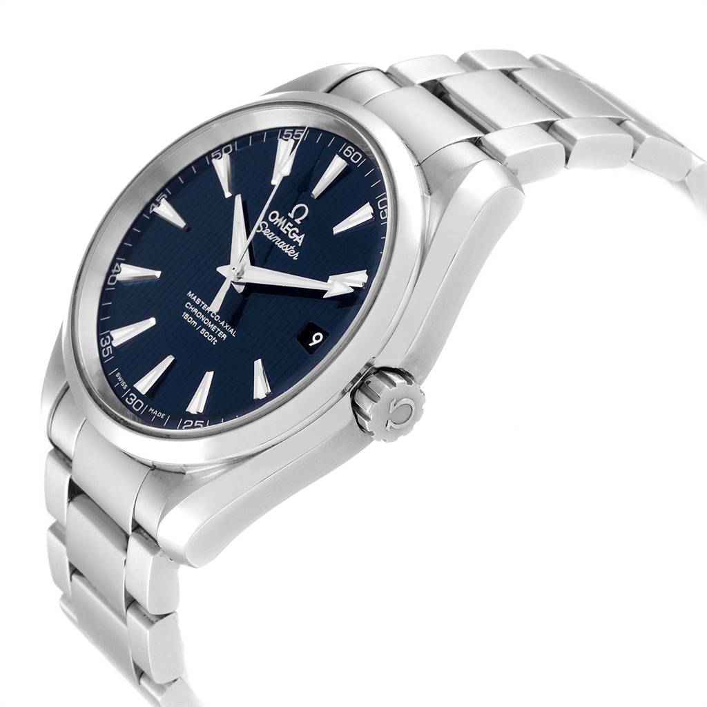The image shows a side angle of the Omega Aqua Terra 231.10.39.21.03.002 Men
s Stainless Steel Blue Dial 231.10.39.21.03.002 Men
s Stainless Steel Blue Dial watch displaying the face, case, crown, and part of the metal bracelet.