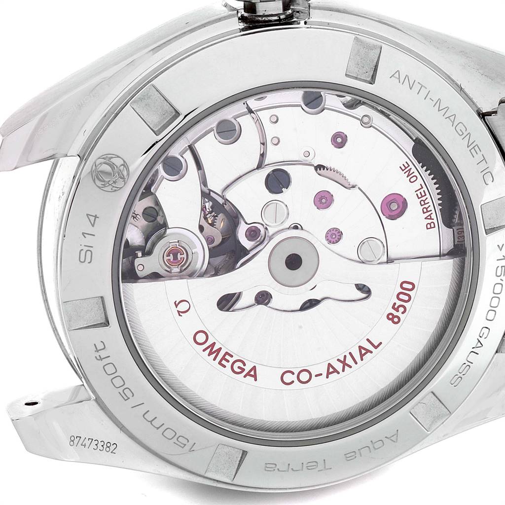 The image shows the back view of the Omega Aqua Terra 231.10.39.21.03.002 Men
s Stainless Steel Blue Dial 231.10.39.21.03.002 Men
s Stainless Steel Blue Dial watch, revealing its 8500 Co-Axial movement.