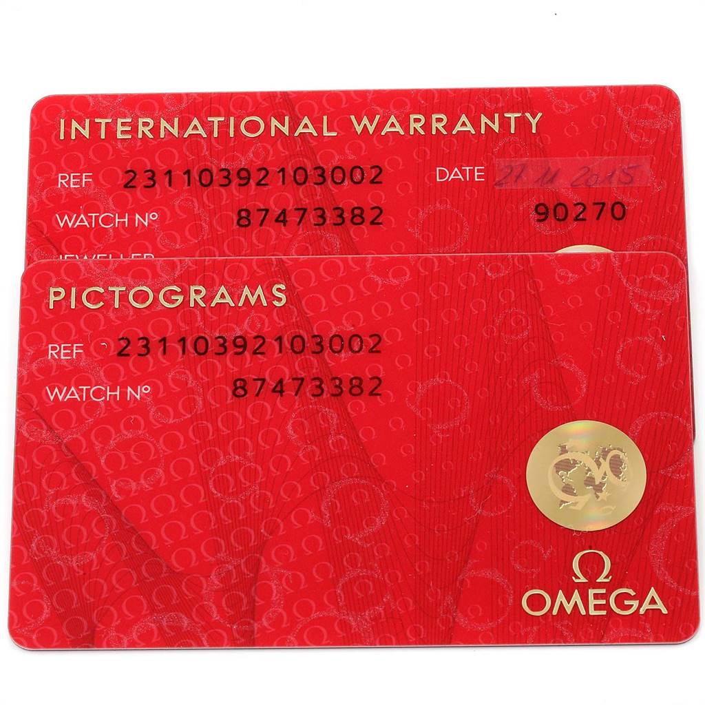 The image shows the International Warranty and Pictograms cards for the Omega Aqua Terra 231.10.39.21.03.002 Men
s Stainless Steel Blue Dial 231.10.39.21.03.002 Men
s Stainless Steel Blue Dial model.