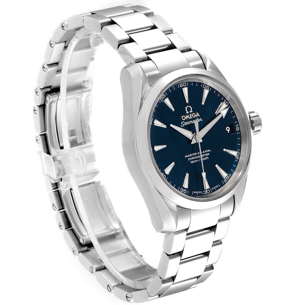 The image shows a side angle of the Omega Aqua Terra 231.10.39.21.03.002 Men
s Stainless Steel Blue Dial 231.10.39.21.03.002 Men
s Stainless Steel Blue Dial watch, highlighting its blue dial, stainless steel bracelet, and crown.