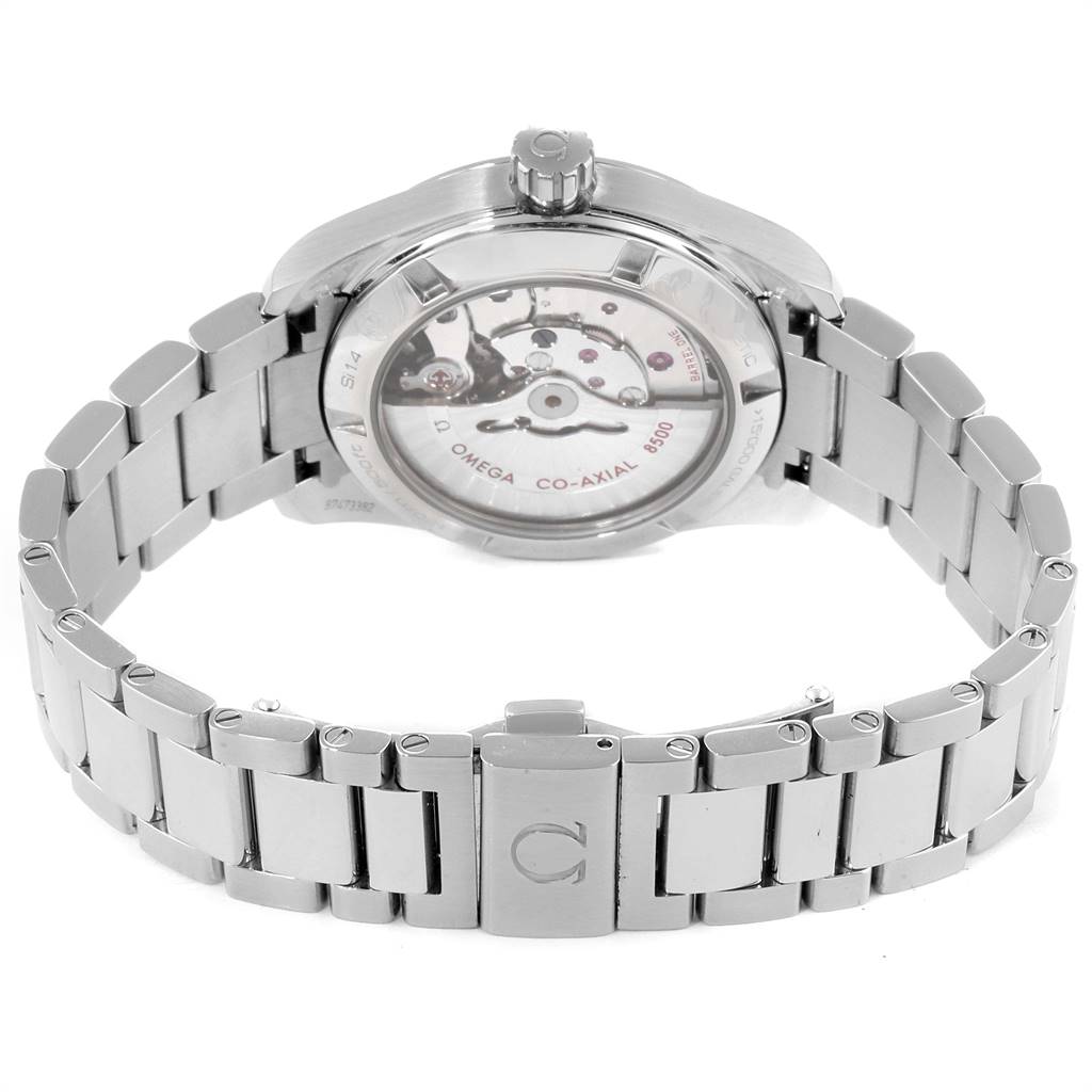 The image shows the back view of the Omega Aqua Terra 231.10.39.21.03.002 Men
s Stainless Steel Blue Dial 231.10.39.21.03.002 Men
s Stainless Steel Blue Dial watch, highlighting the automatic movement and stainless steel bracelet.