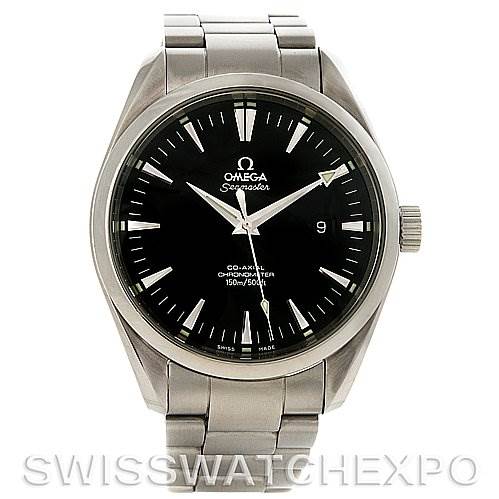 This image shows a frontal view of the Omega Aqua Terra 2502.50.00 Men's Stainless Steel Black Dial 2502.50.00 Men's Stainless Steel Black Dial watch, displaying its dial, hands, date window, bezel, and bracelet.