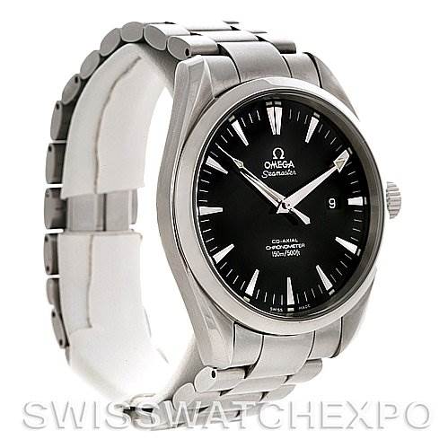 The image shows a side and front angle of the Omega Aqua Terra 2502.50.00 Men's Stainless Steel Black Dial 2502.50.00 Men's Stainless Steel Black Dial watch, highlighting its face, bezel, crown, and bracelet.