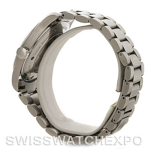 The image shows the side and back view of the Omega Aqua Terra 2502.50.00 Men's Stainless Steel Black Dial 2502.50.00 Men's Stainless Steel Black Dial watch, highlighting the case back, crown, and bracelet.