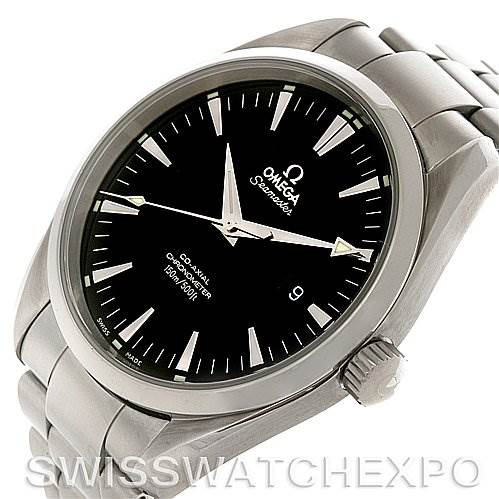 This image shows an angled view of the Omega Aqua Terra 2502.50.00 Men's Stainless Steel Black Dial 2502.50.00 Men's Stainless Steel Black Dial watch, highlighting its dial, crown, and stainless steel bracelet.