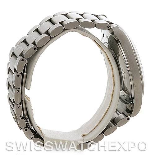 The image shows a side view of the Omega Aqua Terra 2502.50.00 Men's Stainless Steel Black Dial 2502.50.00 Men's Stainless Steel Black Dial watch, highlighting its strap and case.